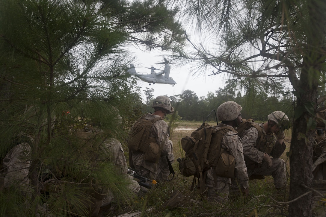 Marines with India Company, Battalion Landing Team (BLT) 3/2, 26th Marine Expeditionary Unit (MEU), set up a perimeter while awaiting air extraction during a simulated raid at Marine Corps Base Camp Lejeune, N.C., Oct. 2, 2012. The company conducted a two-week vertical assault raid package with the Special Operation Training Group in order to help fulfill requirements from the 26th MEU’s mission essential task list. The 26th MEU is slated to deploy in 2013.
