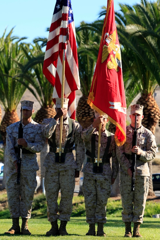 Camp Pendleton’s Headquarters and Support Battalion Color Guard present the colors throughout the playing of the national anthem during the opening ceremony of the Commanding General’s 1st Invitational Golf Tournament at Camp Pendleton’s Marine Memorial Golf Course, Oct. 15.