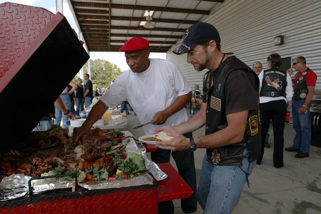 feast fit for warriors awaits bikers at the conclusion of the Combat Veterans Motorcycle Association's Historical Markers Ride Oct. 6 in Jacksonville. Burgers, hot dogs and other cookout staples were provided for the travelers. 