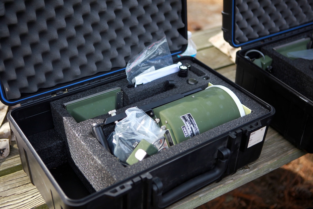 An AN/PDR-77, a device used to detect and measure radiation, sits outside a simulated disaster site during a 2nd Marine Logistics Group training exercise aboard Camp Lejeune, N.C., Oct. 17, 2012. Marines were instructed by chemical, biological, radiological and nuclear defense specialists on how to use the sensor in simulated contaminated situations throughout a four-day course.
