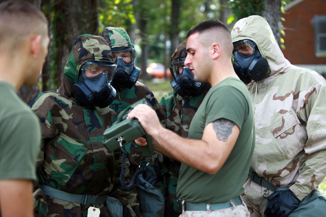 Lance Cpl. Steven Greenwood, chemical, biological, radiological and nuclear defense specialist shows Marines with 2nd Marine Logistics Group how to read the measurements of radiation on the AN/PDR-77, a device that measures and detects radiation, during a training exercise aboard Camp Lejeune, N.C. Oct. 17, 2012. CBRN defense specialists instructed the troops on how to use the equipment in a simulated disaster site throughout a four-day course.