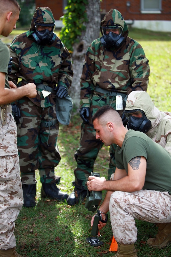 Lance Cpl. Steven Greenwood, chemical, biological, radiological and nuclear defense specialist shows Marines with 2nd Marine Logistics Group how to monitor radiation levels during a training exercise aboard Camp Lejeune, N.C., Oct. 17, 2012. CBRN defense specialists instructed the Marines on how to use the equipment to detect and measure simulated radiation in contaminated situations throughout a four-day course.