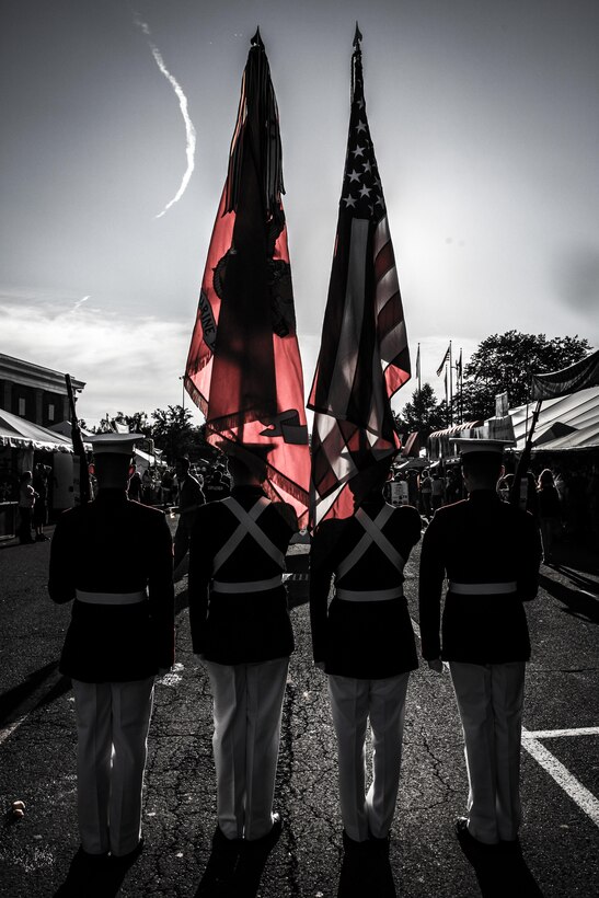 The 2nd Marine Division Color Guard prepares to step off at The Big E parade. More than 40 members of the 2nd Marine Division Band spent three days performing at least twice a day for several high schools in and around West Springfield, and finished each day with an appearance at The Big E parade.