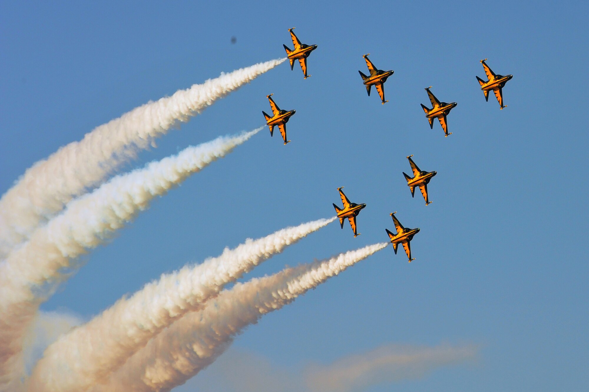 The Black Eagles perform acrobatics over Osan Air Base during a practice Oct. 18, 2012, before Air Power Day Oct. 20-21, 2012. The Republic of Korea’s aerial demonstration team has been doubling practices before the air show. The Black Eagles specialize in air shows showcasing the capabilities of the pilots and aircraft to the entire nation. (U.S. Air Force photo/Staff Sgt. Stefanie Torres)