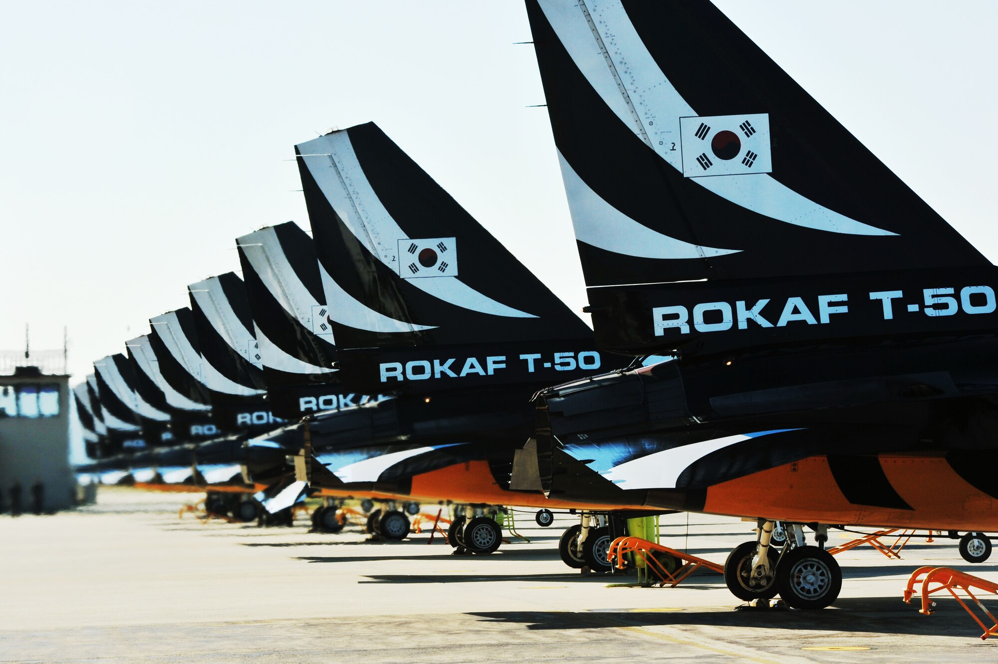 The Black Eagles prepare for takeoff on the Osan Air Base flight line Oct. 18, 2012. The team can perform up to 30 different types of acrobatics using T-50B training aircraft with supersonic capabilities. (U.S. Air Force photo/Staff Sgt. Stefanie Torres)