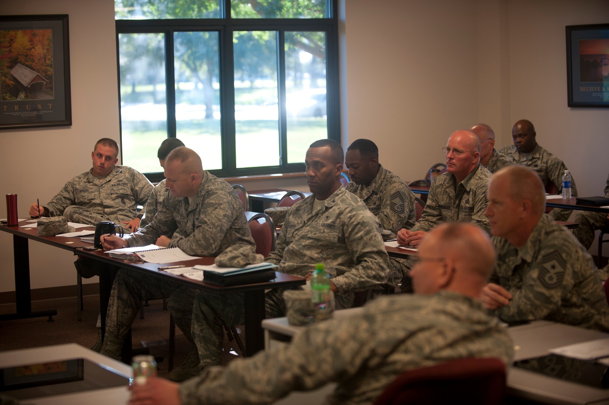 U.S. Air Force senior leaders attend a resiliency briefing at Moody Air Force Base, Ga., Oct. 18, 2012. During the briefing, base leadership discussed different situations involving resiliency and reflected on other current issues throughout the Air Force. (U.S. Air Force photo by Airman 1st Class Paul Francis/Released)
