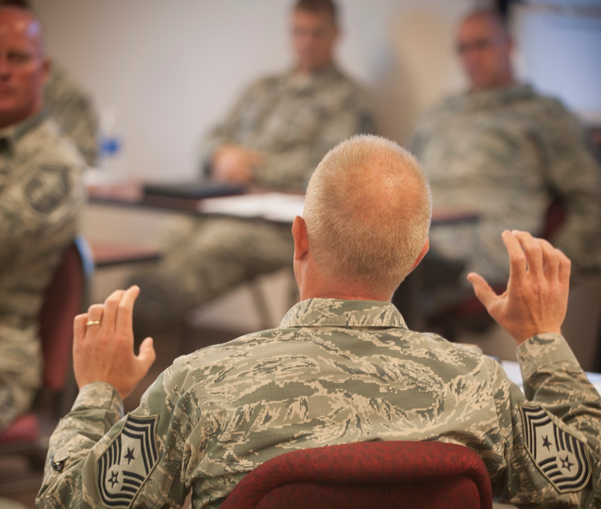 U.S. Air Force Chief Master Sgt. Frank Batten, 23d Wing command chief, speaks to other senior leaders about “Today’s Air Force” at Moody Air Force Base, Ga., Oct. 18, 2012. Batten spoke about how the Air Force has changed and different ways of how leadership takes action in disciplinary situations. (U.S. Air Force photo by Airman 1st Class Paul Francis/Released)
