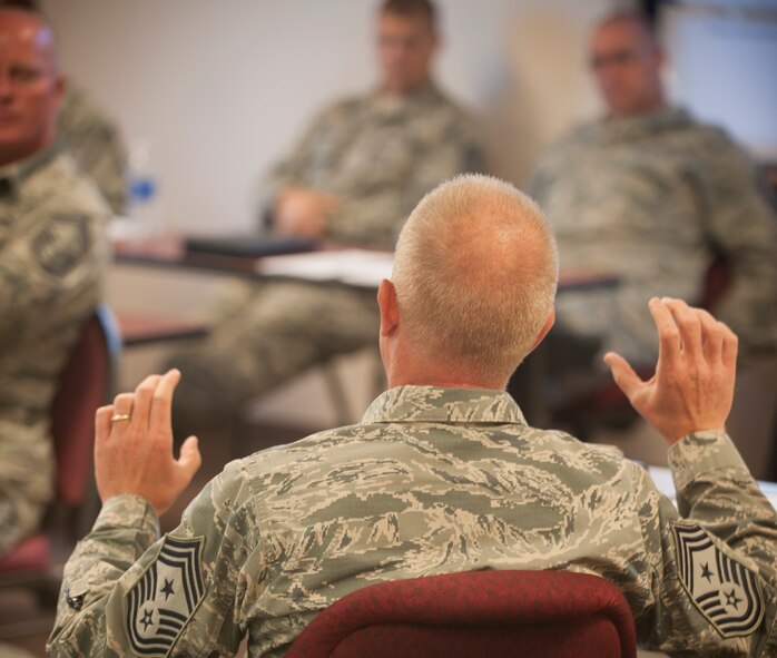 U.S. Air Force Chief Master Sgt. Frank Batten, 23d Wing command chief, speaks to other senior leaders about “Today’s Air Force” at Moody Air Force Base, Ga., Oct. 18, 2012. Batten spoke about how the Air Force has changed and different ways of how leadership takes action in disciplinary situations. (U.S. Air Force photo by Airman 1st Class Paul Francis/Released)
