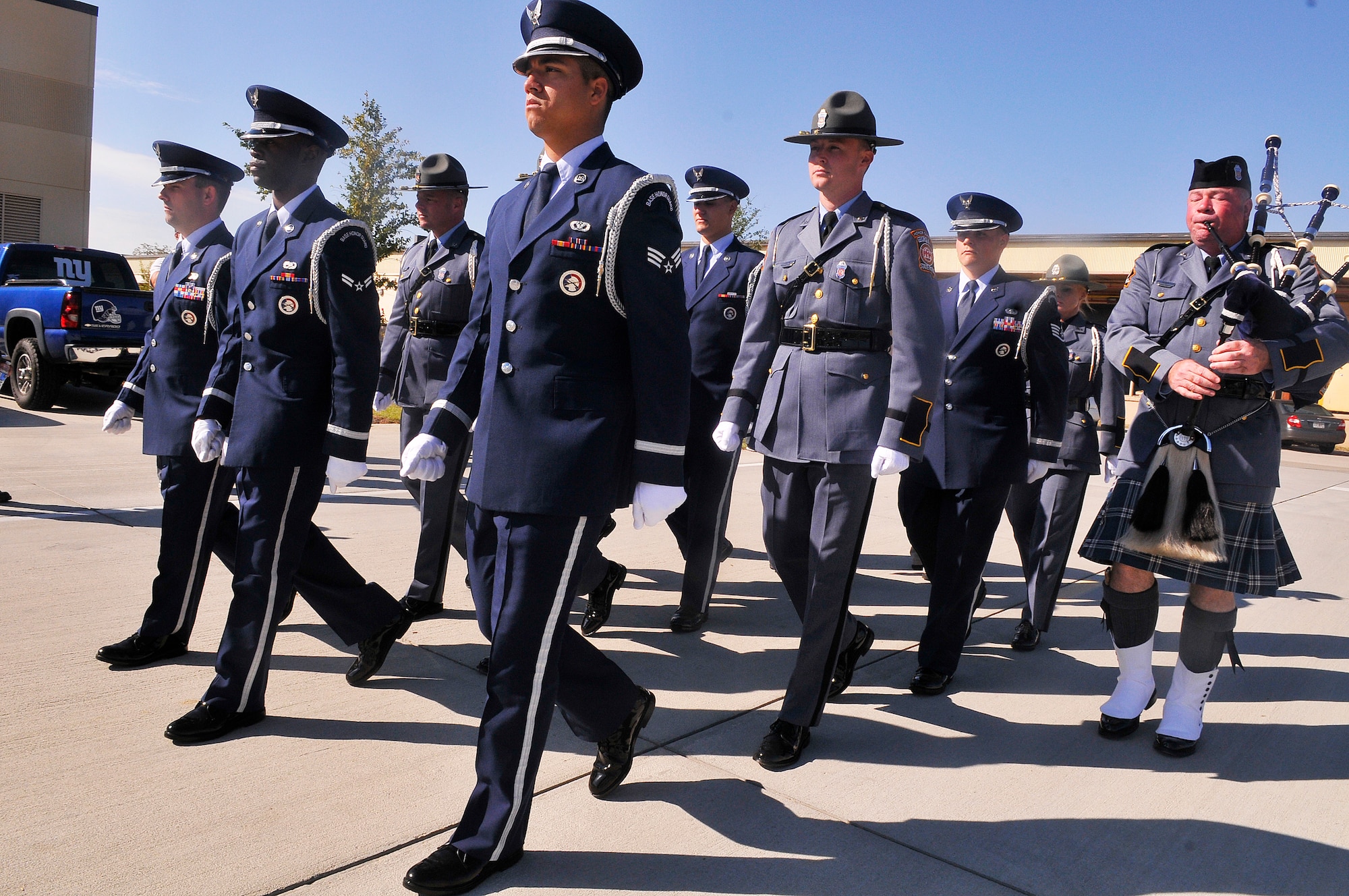 Thirty One Georgia State Patrol honor guard members from around the state trained with the Robins Air Force Base Honor Guard Oct. 16-17. The GSP officers' goal was to improve techniques for their funeral and ceremonial services.(U. S. Air Force photo/Sue Sapp)