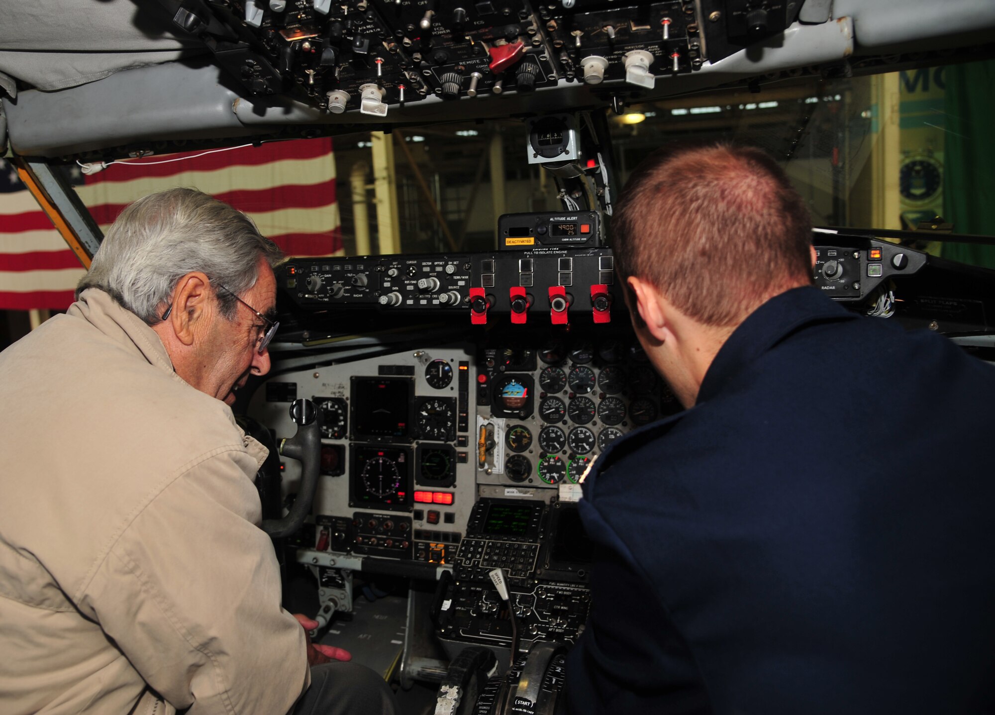 Retired Lt. Col. Al Kessler looks at controls inside the flightdeck of a KC-135R Stratotanker Oct. 15, 2012, while Capt. Chris Smith shows him many new controls that weren’t on the A-model KC-135 Kessler flew. The retired lieutenant colonel also spent time in the KC-97 Stratotanker and the B-29 Superfortress. Smith is the 93rd Air Refueling Squadron’s executive officer. (U.S. Air Force photo by Airman 1st Class Earlanadez Young)