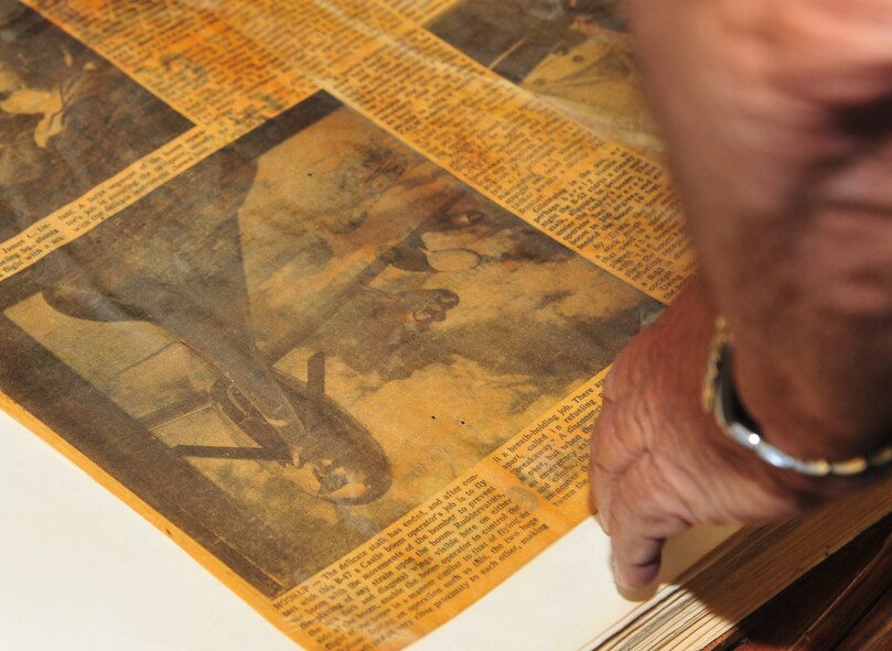 A close up of an air refueling photo in the 93rd Air Refueling Squadron’s heritage book, Oct. 15, 2012. The photo was taken when retired Lt. Col. Al Kessler was commander of the 93rd ARS at Castle Air Force Base, Calif. Kessler gifted the scrapbook to his former unit while visiting the current squadron commander, Lt. Col. Patrick O’Brien. The book features articles and photos dating back to 1963. (U.S. Air Force photo by Airman 1st Class Earlanadez Young)