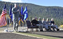 Gen. C. Robert Kehler, USSTRATCOM commander, was the final speaker at the 50th Anniversary celebration on Oct. 13. Also pictured are the other guest speakers from left to right retired Gen. Lance Lord, Association of Air Force Missileers president; Maj. Gen. Everett Thomas, Air Force Global Strike Command vice commander; Maj. Gen. Michael Carey, 20th Air Force commander; Col. H.B. Brual, 341st Missile Wing commander; and retired Col. Charles Simpson, AAFM event representative. (U.S. Air Force photo/ John Turner)