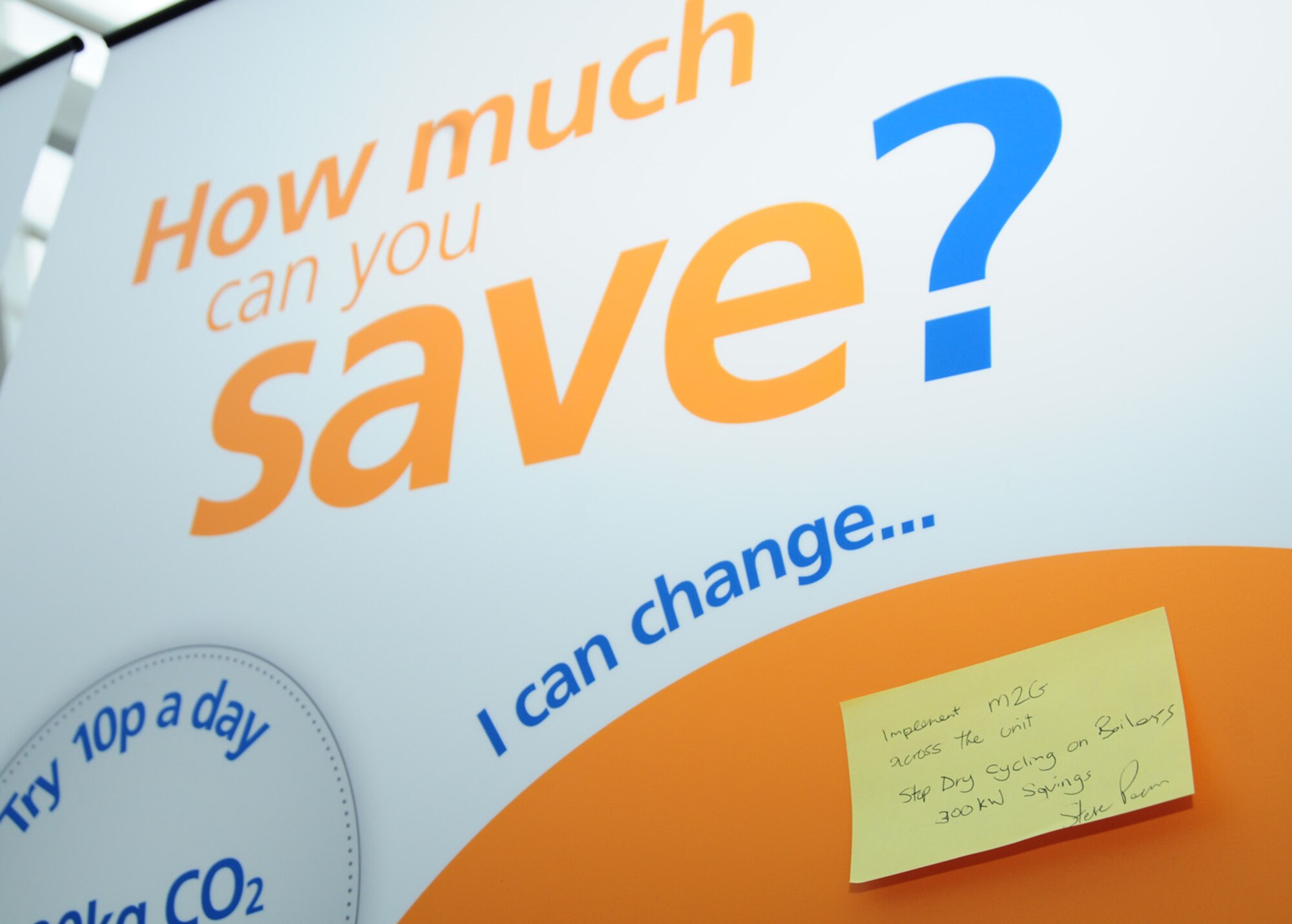 A board for people to post personal energy-saving tips and ideas was located in the food court of The Exchange at the energy awareness roadshow Oct. 18, 2012, at RAF Mildenhall, England. The base’s energy supplier visited to share ideas and highlight ways to save energy and money at home. (U.S. Air Force photo by Karen Abeyasekere/Released)
