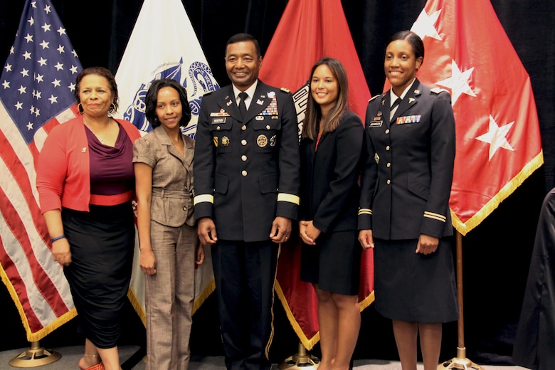 2012 U.S. Army Award Winners at the Women of Color STEM Conference held October 11-13, 2012 in Dallas, Texas. From left to right - Dr. Victoria Dixon, Director of Human Relations/Equal Opportunity Programs for the U.S. Army Test and Evaluation Command in Alexandria, VA; Jovan Johnson-Griffin, Senior Program Analyst for the U.S. Army Corps of Engineers New Orleans District; Lieutenant General Thomas Bostick, Commanding General for the U.S. Army Corps Engineers; Hokulii Tamayori, Architectural Designer for the U.S. Army Corps of Engineers Honolulu District; and Major Erica Johnson, Associate Program Director for SAUSHEC Internal Medicine Residency and Infectious Disease Fellowship Programs at the San Antonio Military Medical Center. Not Pictured: Tamara Murphy, Civil Engineer for the U.S. Army Corps of Engineers Wilmington District; Master Sergeant Faith Alexander, Equal Opportunity Advisor/Facilitator/Platform Instructor for the Defense Equal Opportunity Management Institute.