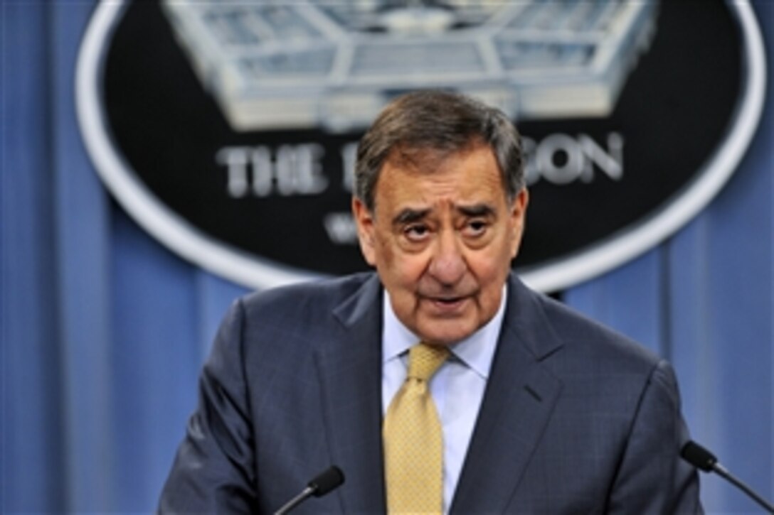 Defense Secretary Leon E. Panetta speaks before introducing Holly Petraeus, Consumer Financial Protection Bureau Office of Servicemember Affairs assistant director, to reporters at the Pentagon, Oct. 18, 2012. 