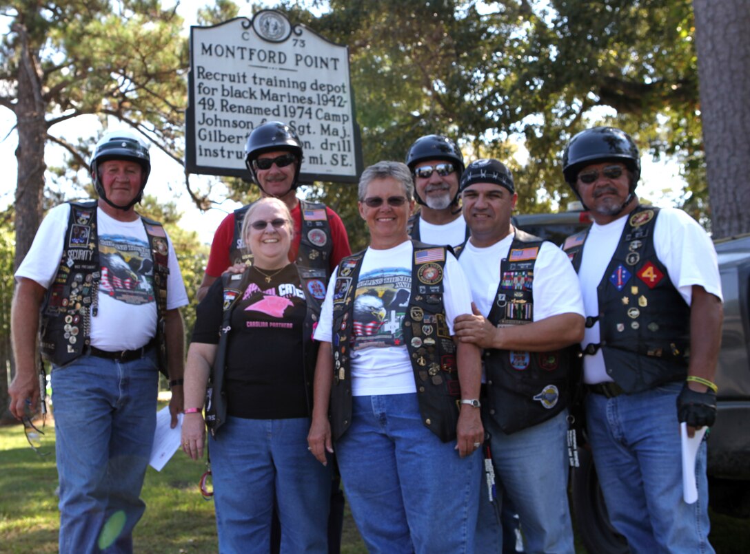 A group arrives at the Montford Point historical marker during the North Carolina Combat Veterans Motorcycle Association's Historical Markers Ride Oct. 6 in Jacksonville. Riders left in groups of 10 and had to answer a question at every historical marker. 