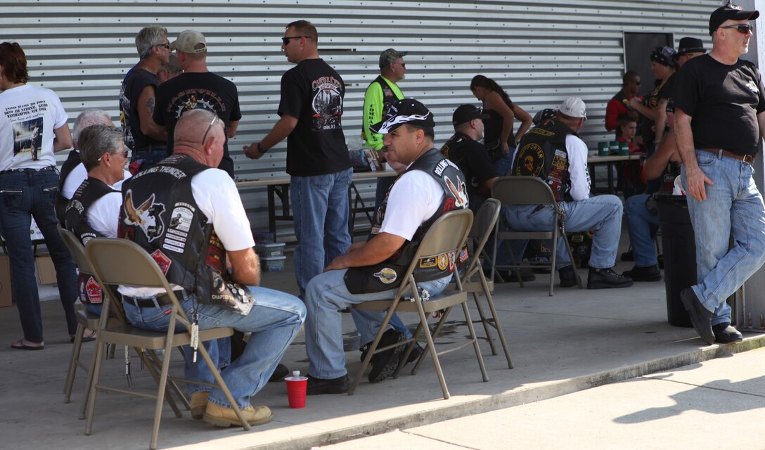 Bikers relax after the North Carolina Combat Veterans Motorcycle Association's Historical Markers Ride Oct. 6 in Jacksonville. The ride took bikers throughout the area to explore the region's history, 