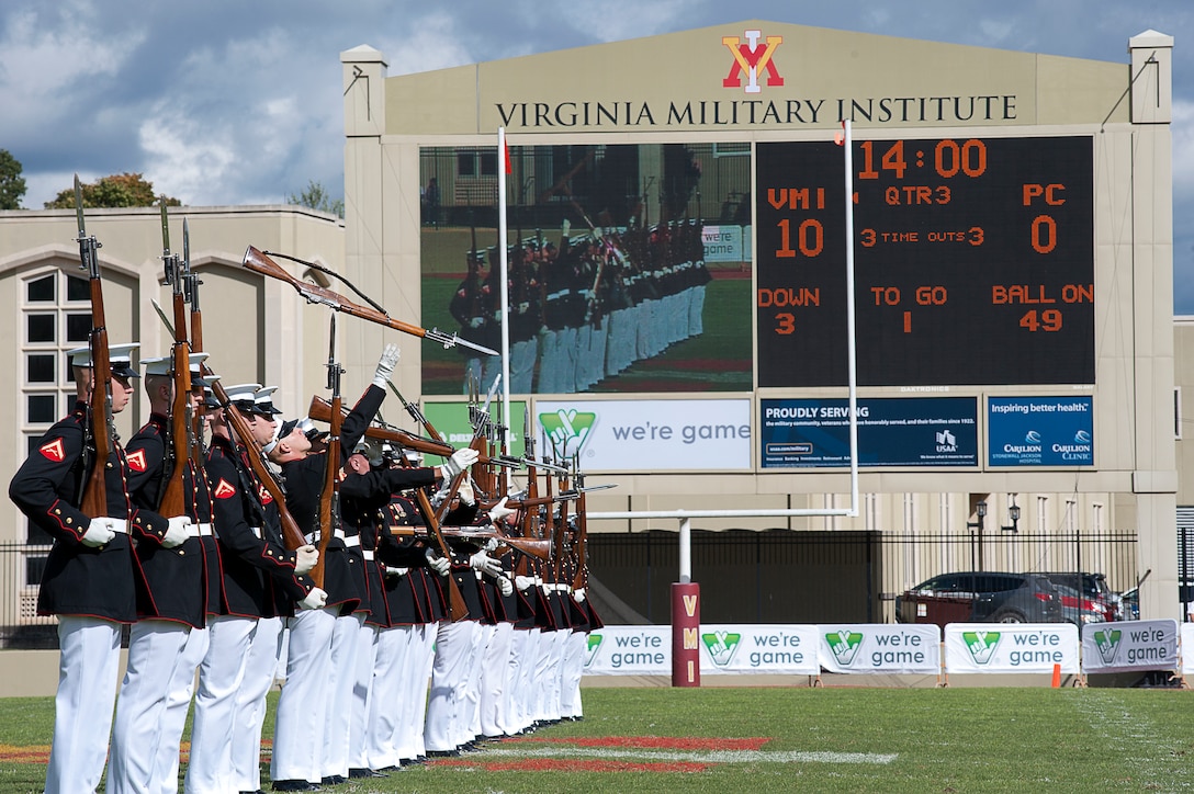 The United States Marine Corps Silent Drill Platoon performs during halftime of a football game at Virginia Military Institute Oct. 6.