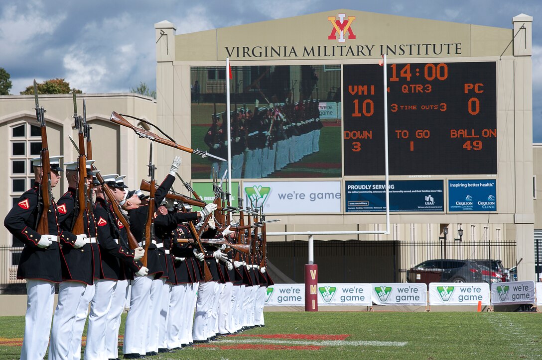 The United States Marine Corps Silent Drill Platoon performs during halftime of a football game at Virginia Military Institute Oct. 6.