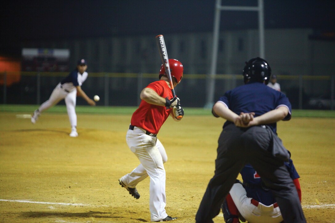 Sgt. Corey G. Drake prepares to hit a pitch during a game between the Marine all-star baseball team and the Social Original Local Academy baseball team at Camp Foster Oct. 11. “Japanese (society) loves to play baseball, and the Okinawans lived up to that today. They’re great ball players,” said Sgt. Corey G. Drake, a telephone systems and personal computer intermediate repairer with Marine Wing Communications Squadron 18, Marine Air Control Group 18, 1st Marine Aircraft Wing, III Marine Expeditionary Force.