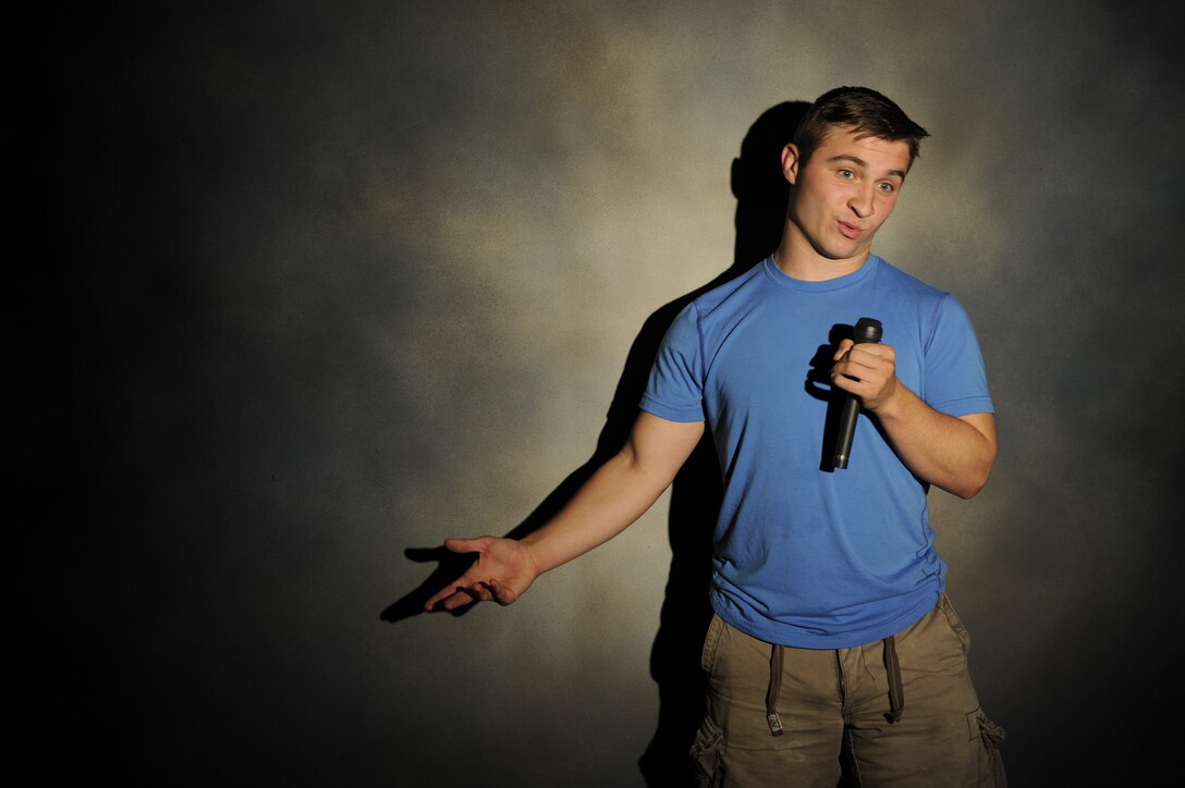 Senior Airman Christopher Armitage does comedy on Monday nights in downtown Spokane. So far, he has performed more than a dozen shows. His favorite comedians include Louis C.K., Lenny Bruce and one of his favorites, Zach Galifianakis. (U.S. Air Force photo by Airman 1st Class Earlandez Young) 