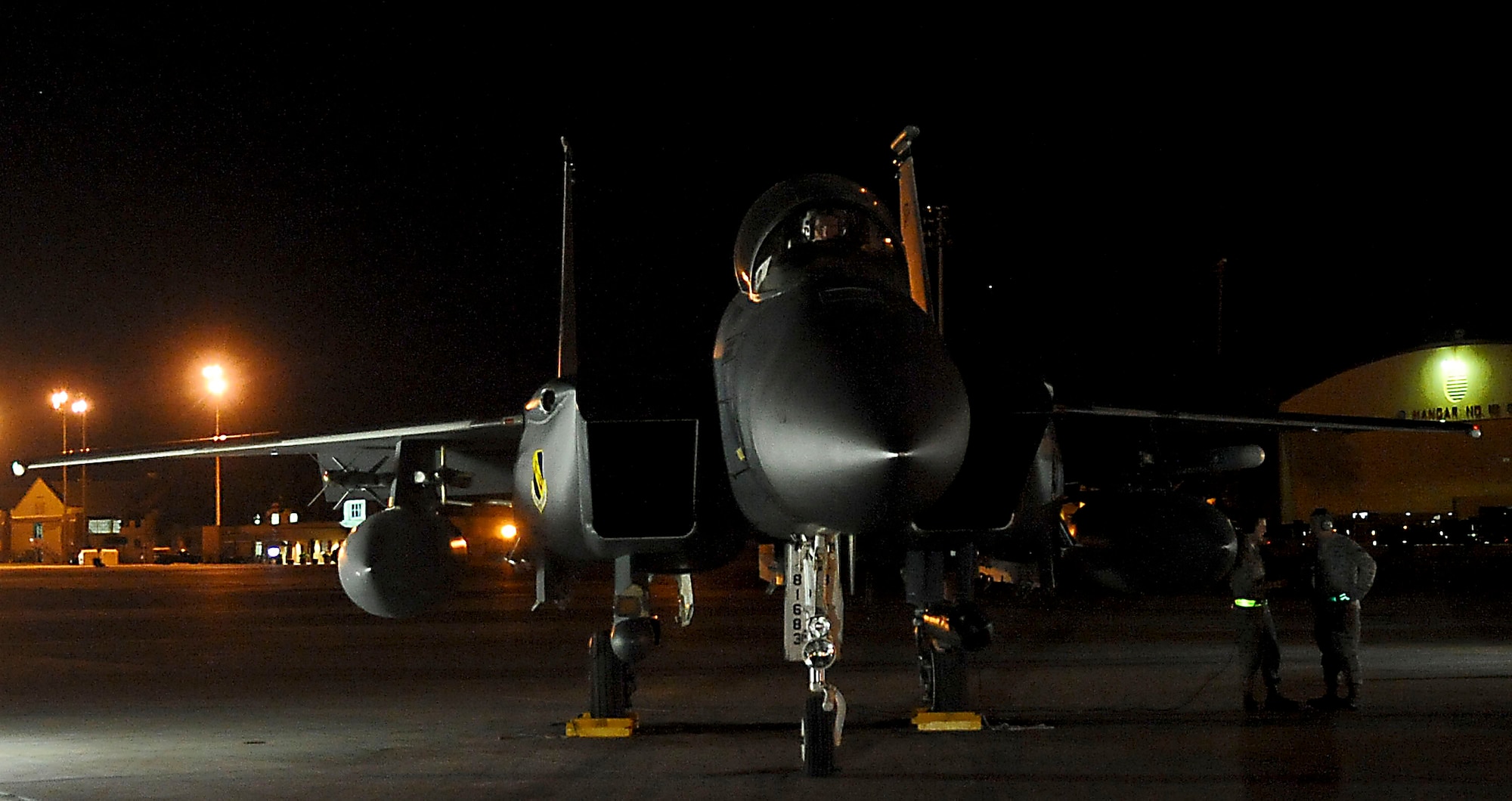Capt. Caleb Guthman, F-15E Strike Eagle pilot, and Capt. Rick Davis, weapons systems officer, both with the 335th Fighter Squadron, Seymour Johnson Air Force Base, N.C., wait to taxi down the runway during early morning missions on Barksdale Air Force Base, La., Oct. 19. Airmen from Seymour Johnson and soldiers, from the 82nd Airborne Division, Fort Bragg, N.C., participate in Green Flag East. Green Flag East supports a joint operation to help service members train for missions during future deployments. (U.S. Air Force photo/Senior Airman Kristin High)(RELEASED)
