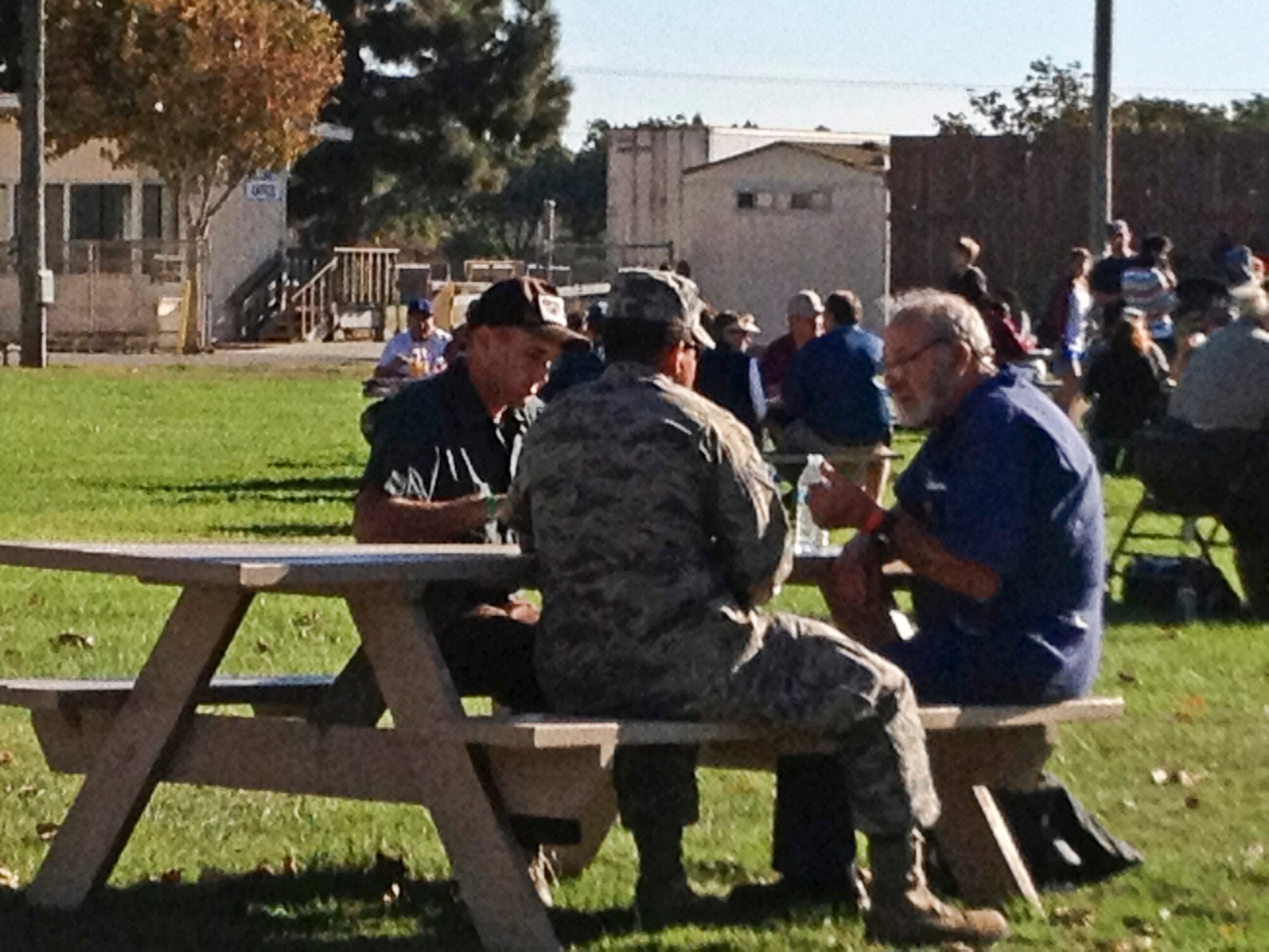 SANTA MARIA, Calif. – Over 250 local veterans gather with event volunteers at the Santa Maria Fairground for the Santa Barbara County Veterans Stand Down here Saturday, Oct. 13, 2012. The Veterans Stand Down was organized to provide a single place for homeless and nearly-homeless veterans to receive a wide variety of personal assistance. The free services for veterans included hot showers, haircuts, new clothing, medical and dental check-ups, financial assistance, legal services, family support, Department of Veterans Affairs information and much more. More than 80 Airmen from Vandenberg Air Force Base volunteered to work the event. (U.S. Air Force photo/Lawrence Hill)