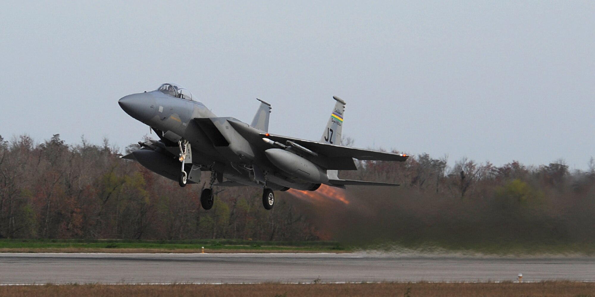 An F-15 Eagle aircraft from the 159th Fighter Wing, Louisiana Air National Guard, takes off from Naval Air Station-Joint Reserve Base New Orleans while performing an alert scramble Feb. 8, 2012. 159thFW’s fighter aircraft were back on alert status less than 63 hours after Hurricane Isaac’s landfall in southern Louisiana in August 2012. (U.S. Air Force photo by Master Sgt. Dan Farrell/RELEASED)