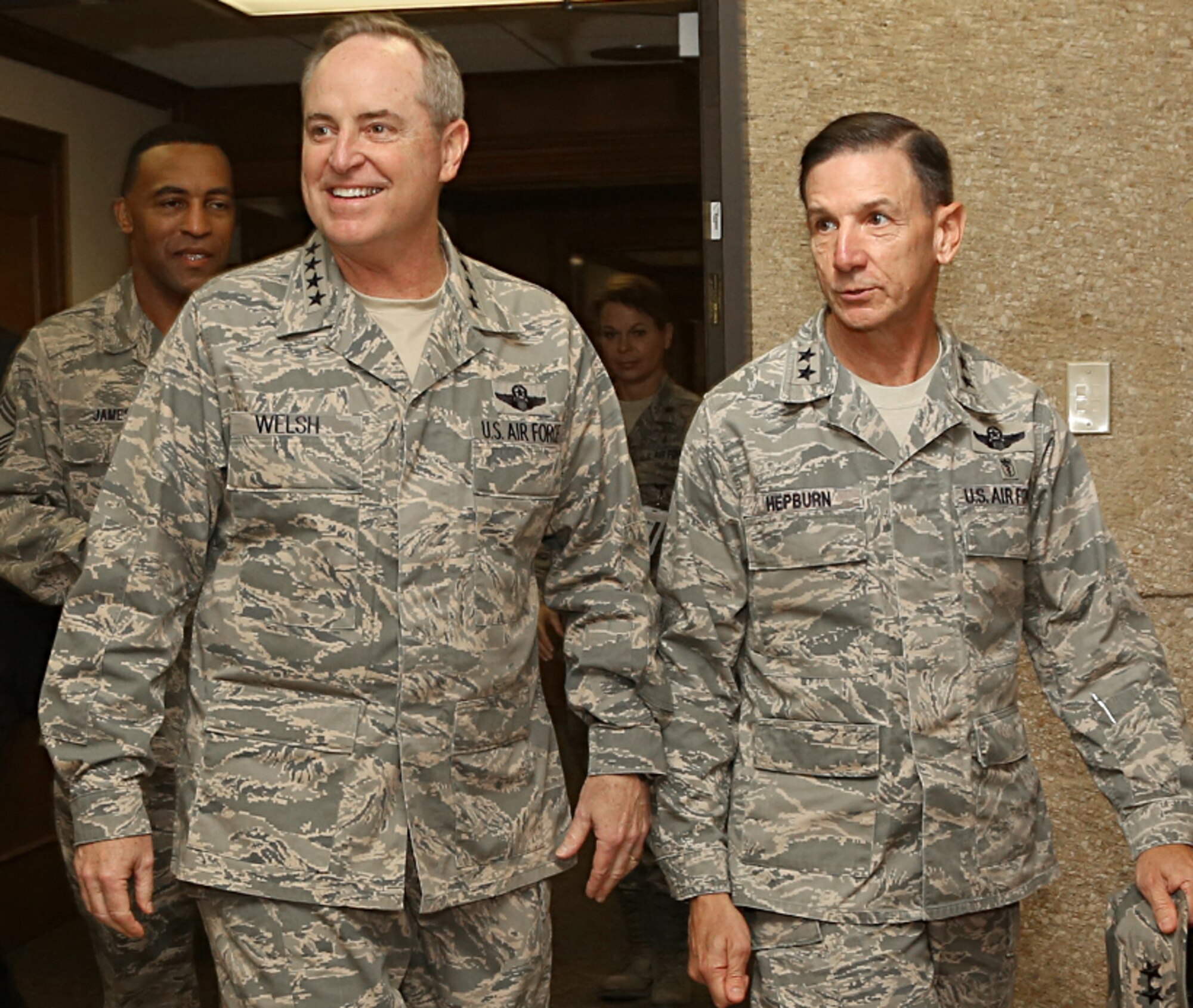 Air Force Chief of Staff Gen. Mark A. Welsh lll walks with Maj. Gen. Byron Hepburn and Command Chief Master Sgt. Maurice James Oct. 18 at Wilford Hall Ambulatory Surgical Center, Joint Base San Antonio-Lackland, Texas. Welsh visited the 59th Medical Wing to receive an overview of military medical construction on the base.  Hepburn is the 59th MDW wing commander and James is the 59th MDW command chief. (U.S. Air Force photo/Robbin Cresswell)

