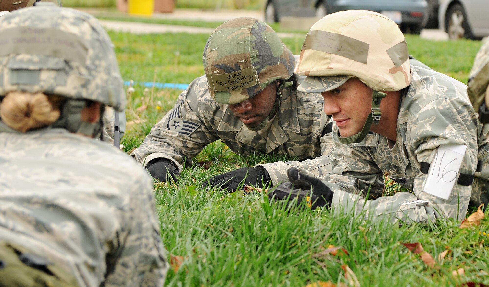 Airmen from the 375th Medical Group take cover in a simulated bunker during an alarm red while participating in the Operational Readiness Exercise Oct. 17 at Scott Air Force Base, Ill. The 375th Air Mobility Wing is participating in an exercise designed to test their ability to survive and operate in a hostile or chemical environment. (U.S. Air Force photo/Airman Kris Lynch)