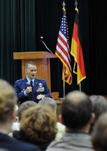 Col. Bill Knight, 11th Wing/ Joint Base Andrews commander, gives a mission brief to personnel from the Embassy of the Federal Republic of Germany here Oct. 17, 2012. Andrews is home to Air Force District of Washington, the 11th Wing and several partner units on base, including Air Mobility Command's 89th Airlift Wing, the 79th Medical Wing, the Air Force Office of Special Investigation headquarters, Air Force Reserve Command's 459th Air Refueling Wing and D.C. Air National Guard's 113th Wing. (U.S. Air Force photo/ Staff Sgt. Nichelle Anderson)(Released)