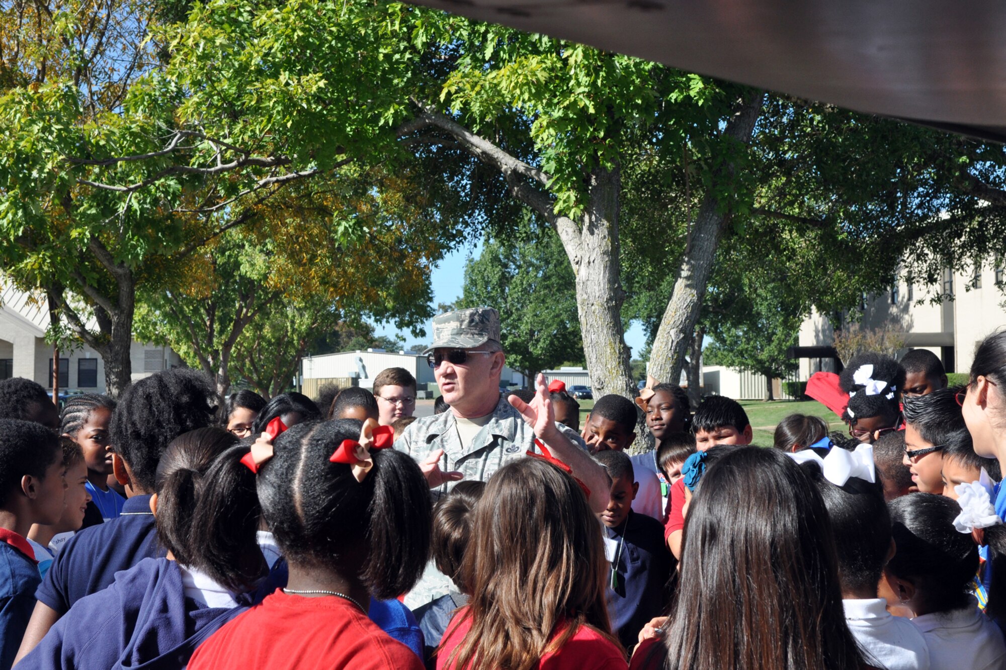 Master Sgt. Jeff Walston, a public affairs technician assigned to the 307th Bomb Wing, explains engine thrust, speed and capabilities of the A-10 Thunderbolt II for a group of 5th Grade students from Plantation Park Elementary School during their visit to the 307th BW at Barksdale Air Force Base, La., Oct. 18, 2011. The students are attending STARBASE Louisiana, at Barksdale, one of 60 national STARBASE sites. It is sponsored by the 307th BW of the Air Force Reserve Command. The STARBASE program presents an exciting 25-hour hands on/minds on aviation and aerospace curriculum to area 5th grade students and their teachers. The DoD program is committed to addressing the critical needs in STEM education - Science, Technology, Engineering and Mathematics - STARBASE Louisiana introduces its students to exciting STEM education topics, inspiring these young minds to further explore these topics in future course work. (U.S. Air Force photo by Betty Stephens)