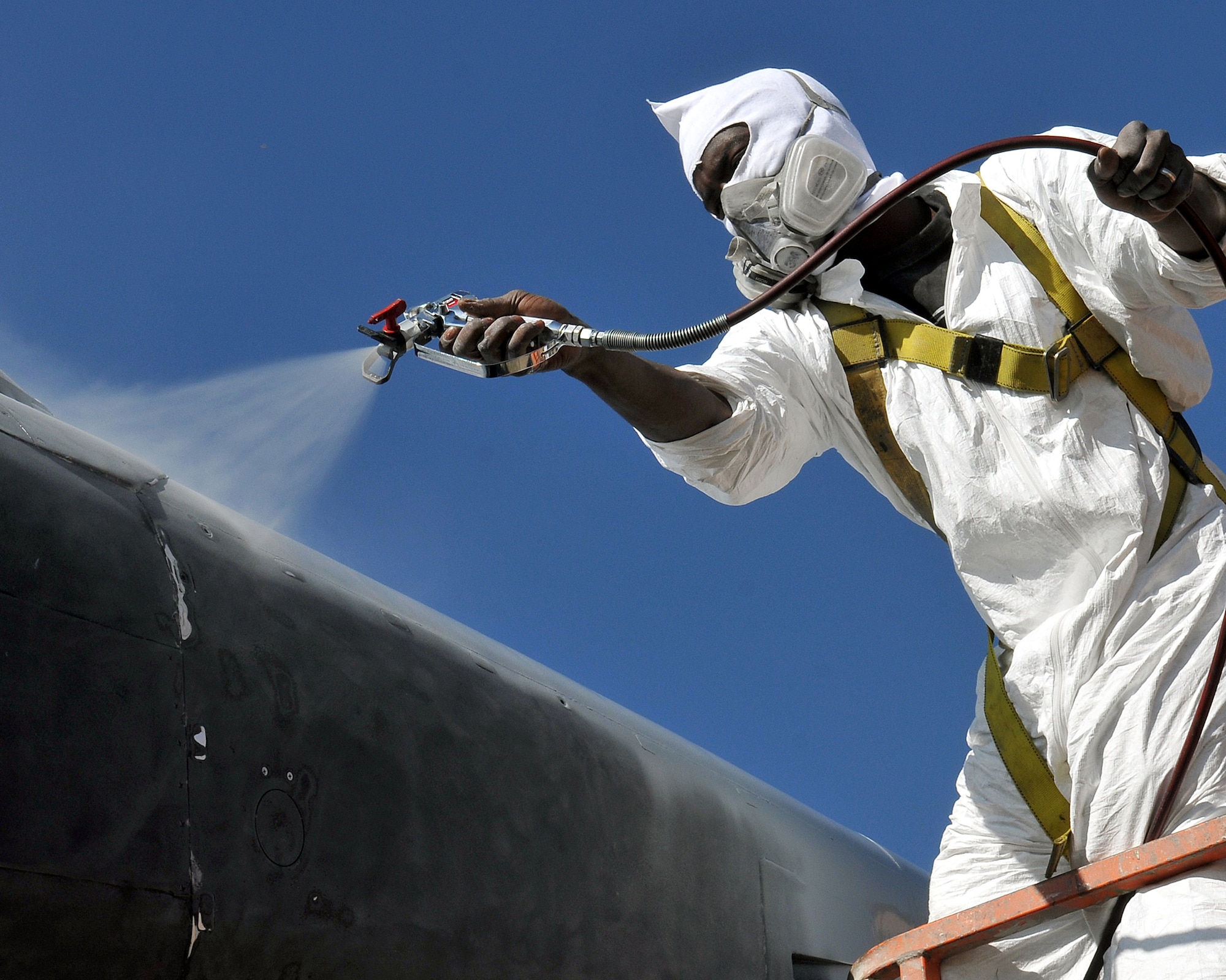 Daniel Craddock applies primer to a T-38 Talon static display at Beale Air Force Base, Calif., Oct. 15, 2012. The static displays here are being restored by a Texas based company and are slated for completion by March 31, 2013. (U.S. Air Force photo by Senior Airman Rebeccah Anderson/Released)