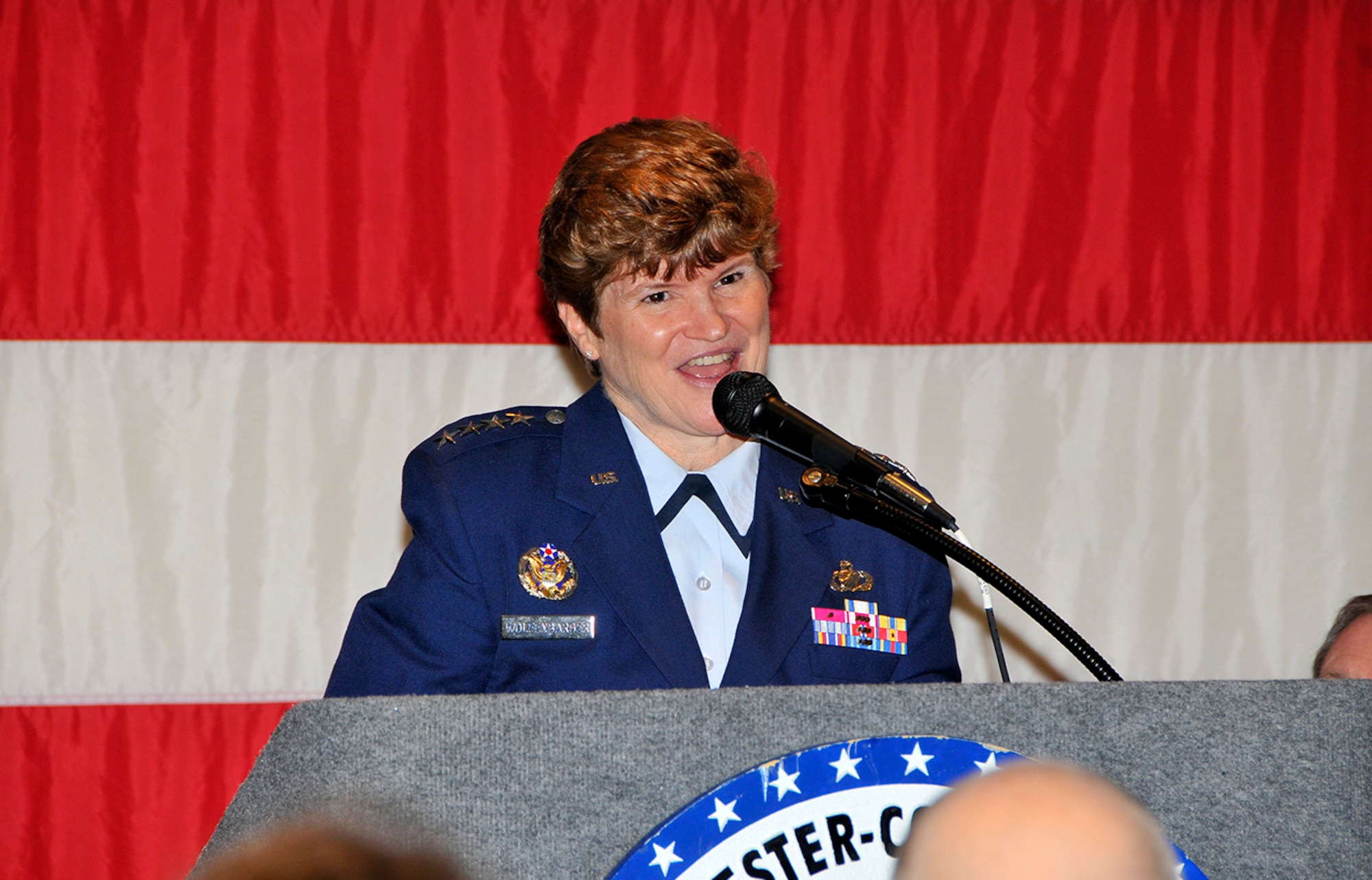 Air Force Materiel Command Commander Gen. Janet Wolfenbarger, speaks to a large crowd during the ACC Annual Dinner on Friday night. The general also toured Arnold Engineering Development Complex earlier in the day. (Photo by Jackie Cowan)
