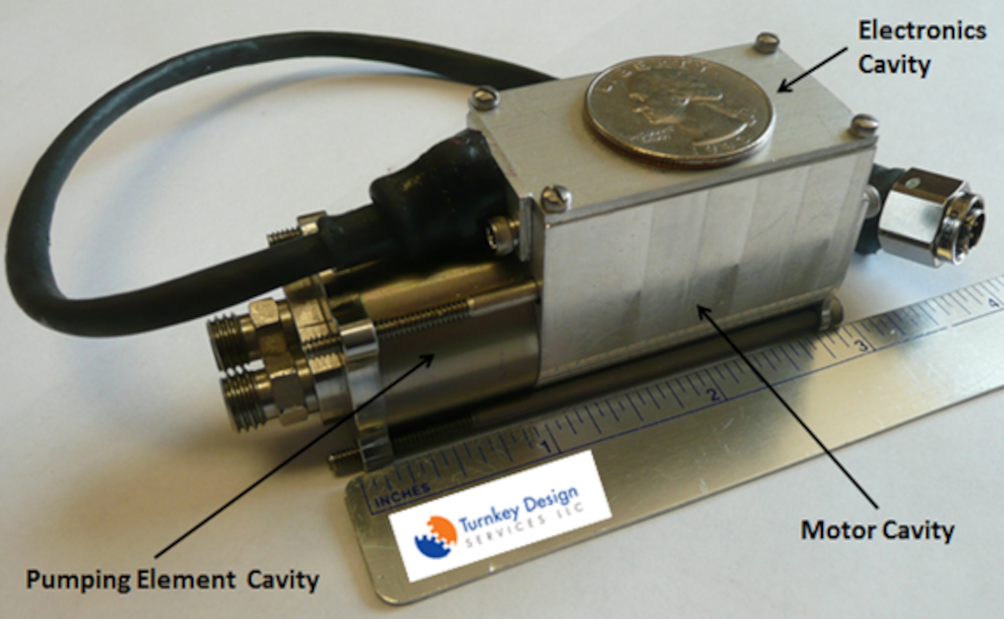 Turnkey Design Services’ MFP30-1 Micro Pump weighs 7.6 ounces and requires an input power of 19.5 watts to power a 60 shaft horsepower (SHP) engine. It is powered by typical UAS 22-32 VDC and output flow is proportional to a 4-20 mA or 0-5 V command input signal.   (AFRL Image)