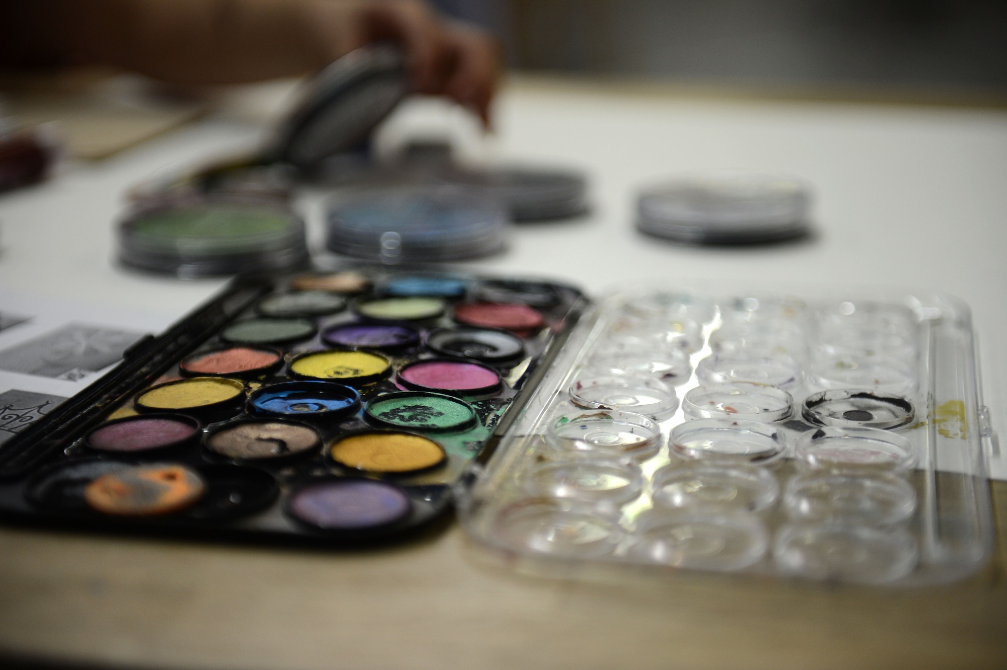 SPANGDAHLEM AIR BASE, Germany – Face paint rests on a table at the School Age Program during a Lights On Afterschool event Oct. 18, 2012. The event is part of an Afterschool Alliance project, which is a nonprofit organization dedicated to ensuring that children have access to quality, affordable afterschool programs. (U.S. Air Force photo by Airman 1st Class Gustavo Castillo/Released)