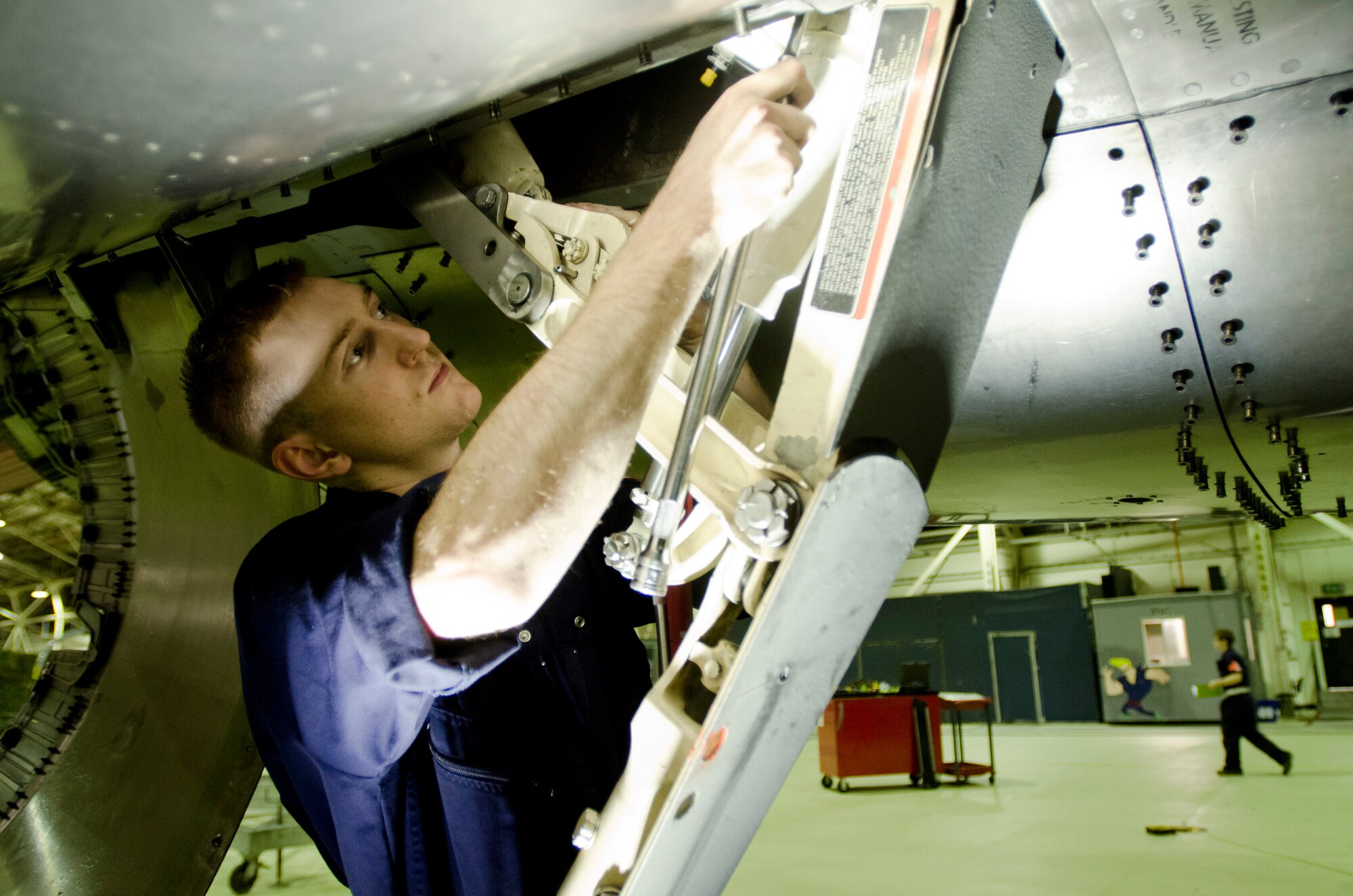 ROYAL AIR FORCE LAKENHEATH, England - Airman 1st Class Austin Hamilton, 48th Equipment Maintenance Squadron inspection section journeyman and native of Hamilton, Texas, installs a damper on the arresting hook of an F-15C Eagle Oct. 17, 2012. The F-15C Eagle is an all-weather, extremely maneuverable, tactical fighter designed to permit the Air Force to gain and maintain air supremacy over the battlefield. (U.S. Air Force Photo by Staff Sgt. Stephen Linch)