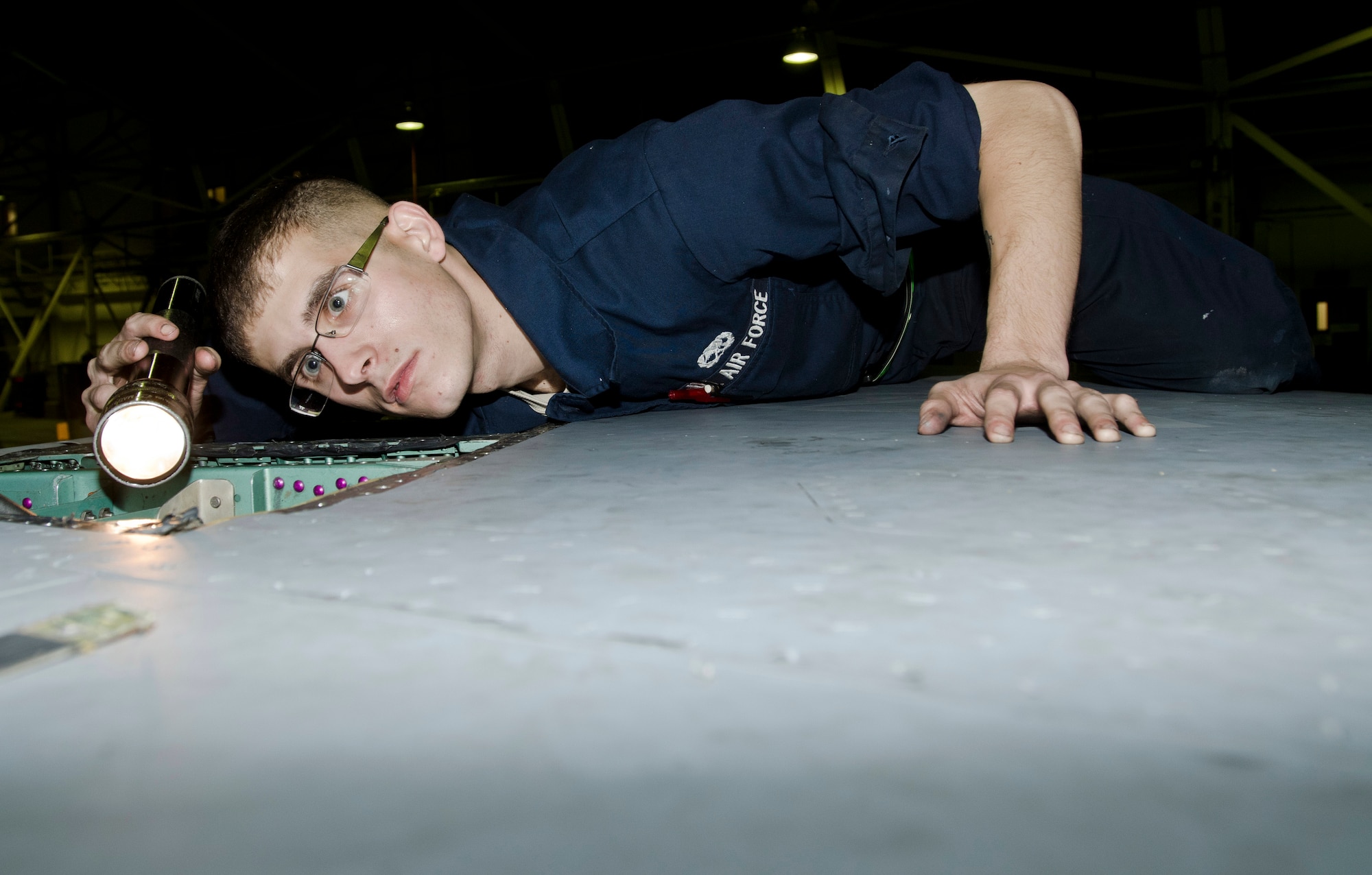 ROYAL AIR FORCE LAKENHEATH, England - Senior Airman Anthony Viscomi, 48th Equipment Maintenance Squadron inspection section journeyman and native of Easton, Pa., performs an internal structure inspection for an F-15C Eagle Oct. 16, 2012. The F-15C Eagle is an all-weather, extremely maneuverable, tactical fighter designed to permit the Air Force to gain and maintain air supremacy over the battlefield. (U.S. Air Force Photo by Staff Sgt. Stephen Linch)