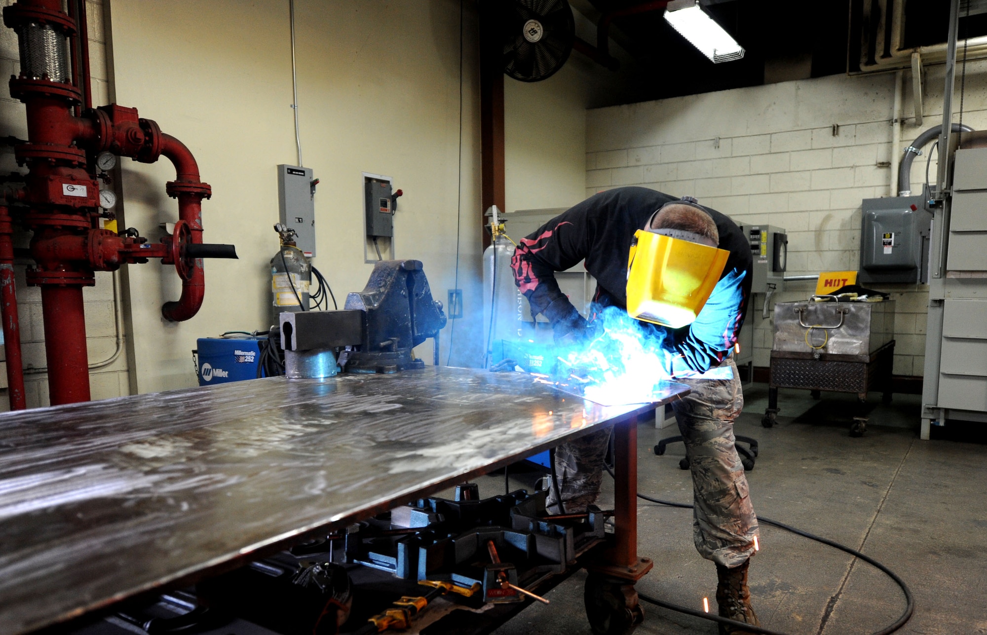 U.S. Airman 1st Class Jonathan Miller, 18th Equipment Maintenance Squadron aircraft metal technician, trains on welding on Kadena Air Base, Japan, Oct. 18, 2012. The 18th EMS directly supports sortie production for a 14,000-hour annual flying-hour program. (U.S. Air Force photo/ Airman 1st Class Brooke P. Beers)