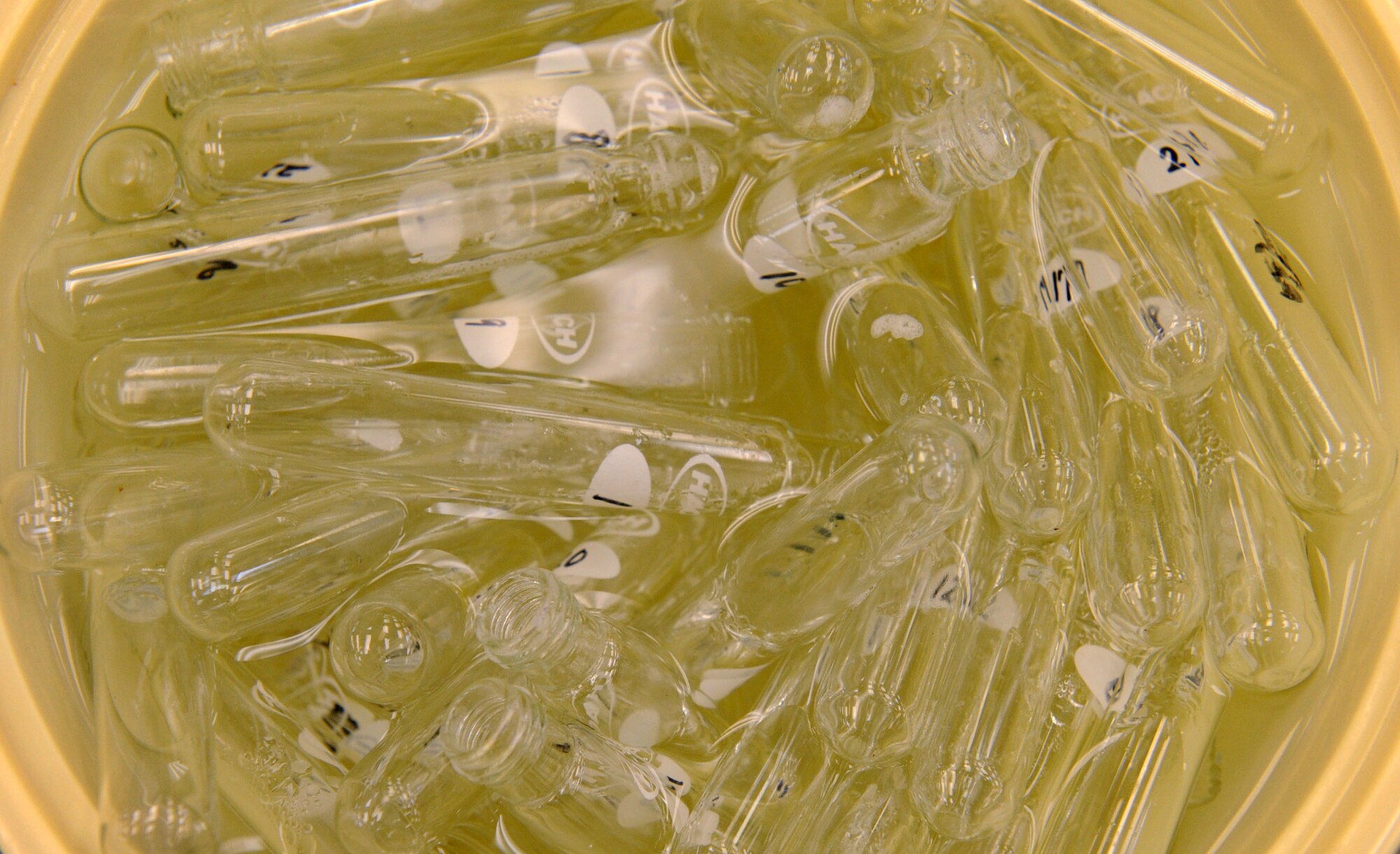 Dirty test tubes soak in the sink of United States Air Force School of Aerospace Medicine - Detachment 3 on Kadena Air Base, Oct. 18, 2012. The detachment conducts all the tests for PACAF concerning occupational health and waste disposal. (U.S. Air Force photo/Airman 1st Class Brooke P. Beers)