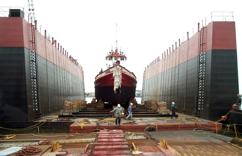 Fireboat in a dry dock at Caddell Dry Dock & Repair Co., Inc. 