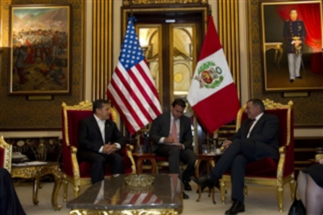 Secretary of Defense Leon E. Panetta, right, meets with Peruvian President Ollanta Humala, left, in Lima, Peru, on Oct. 6, 2012.   Panetta is visiting South America on a four-day trip to strengthen defense relationships with Western Hemisphere counterparts. He will attend the 10th Conference of Defense Ministers of the Americas this week in Uruguay.  