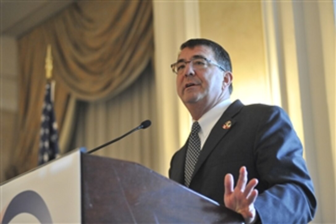 Deputy Secretary of Defense Ashton B. Carter delivers his remarks to the attendees of the North American Forum conference in Ottawa, Canada, on Oct. 13, 2012.  