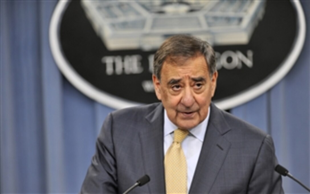 Secretary of Defense Leon E. Panetta announces a partnership with the Consumer Financial Protection Bureau during a press conference in the Pentagon on Oct. 18, 2012.  The partnership is designed to create better awareness of the rights and options for service member student loan borrowers and to ensure they know about repayment options.  