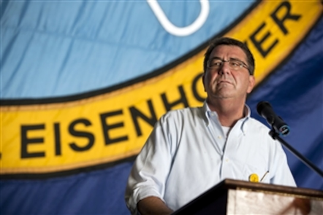 U.S. Deputy Defense Secretary Ashton B. Carter addresses sailors aboard the USS Dwight D. Eisenhower, Oct. 19, 2012. Carter is on a seven-day trip to the Middle East meeting with leadership and counterparts in the region. 