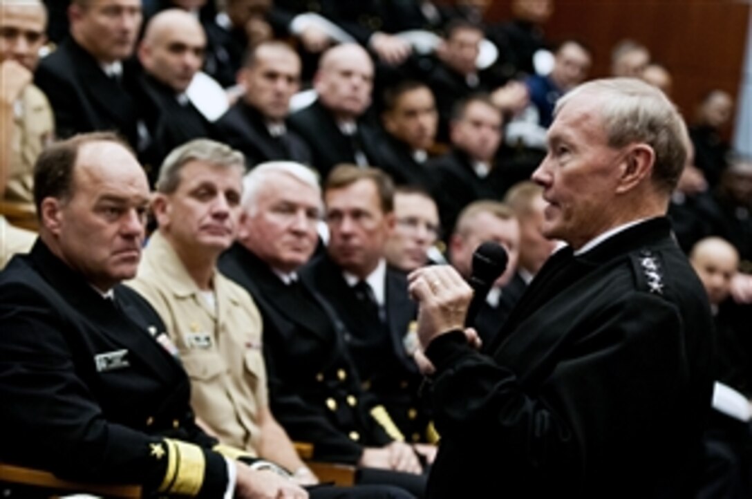 Army Gen. Martin E. Dempsey, chairman of the Joint Chiefs of Staff, speaks to students from the Surface Warfare Officers School and the Senior Enlisted Academy during a visit to the U.S. Naval War College in Newport, R.I., Oct. 18, 2012. Dempsey spoke about the state of the U.S. military. 