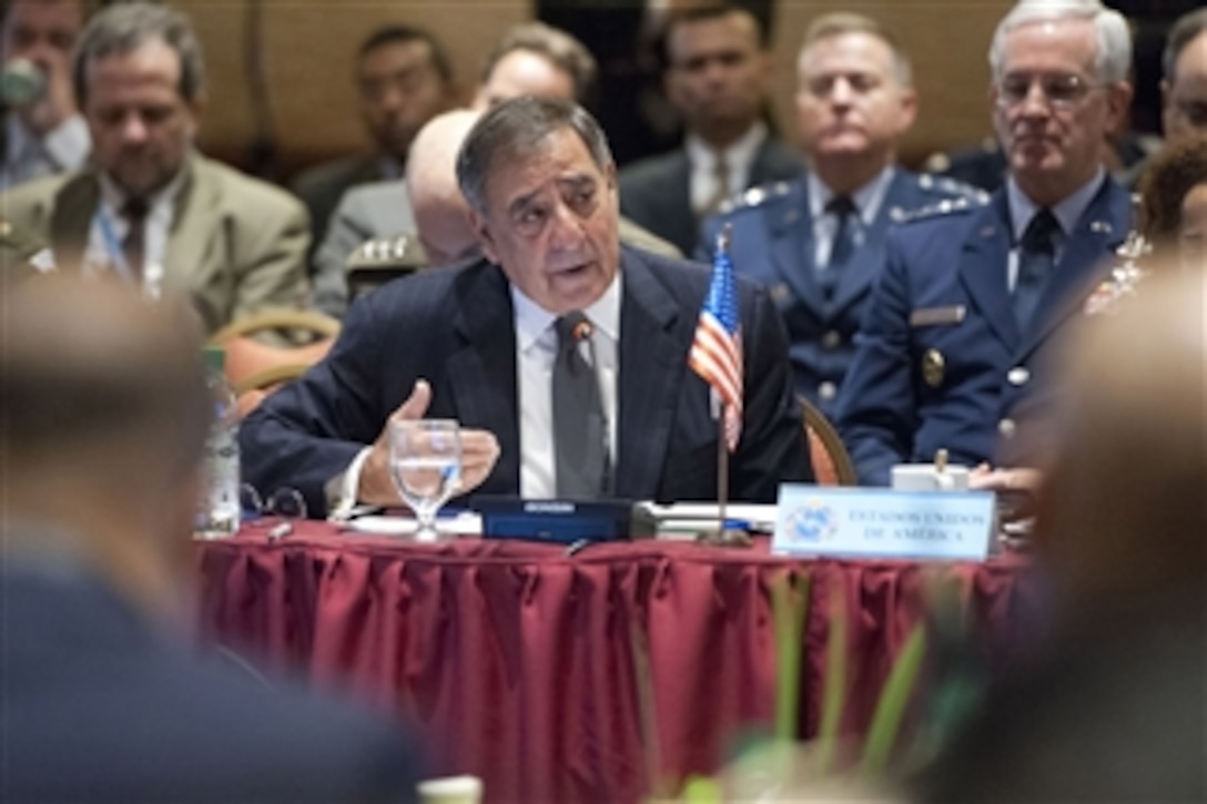 Secretary of Defense Leon E. Panetta speaks at the plenary meeting of the 10th Conference of Defense Ministers of the Americas in Punta del Este, Uruguay, on Oct 8, 2012.  Panetta is attending the conference as part of a four-day trip to strengthen defense relationships with Western Hemisphere counterparts.  