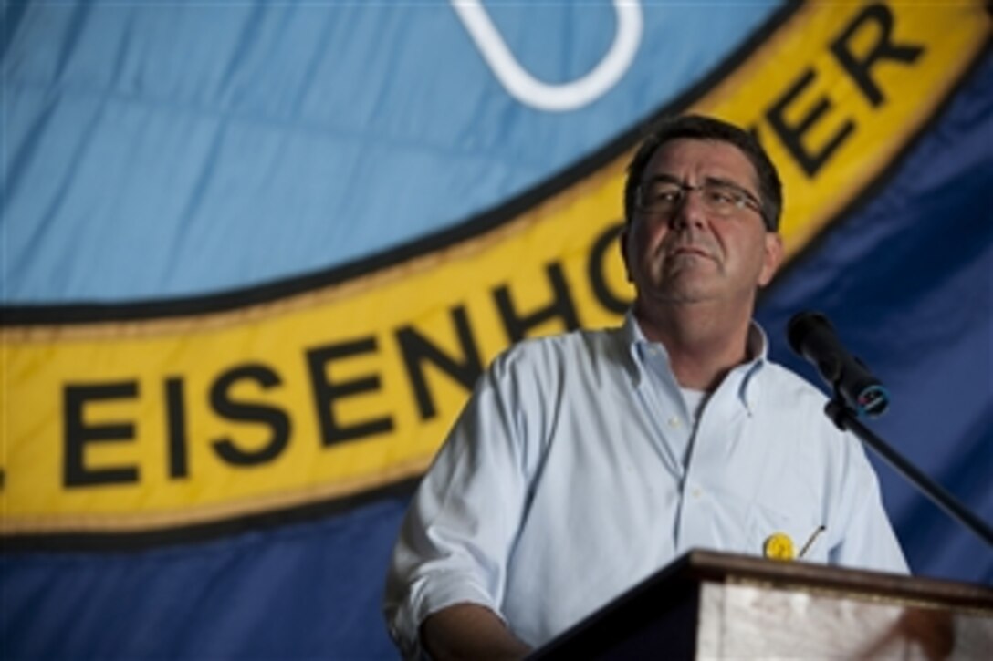 Deputy Secretary of Defense Ashton B. Carter addresses sailors onboard the aircraft carrier USS Dwight D. Eisenhower (CVN-69) as the ship operates in the U.S. 5th Fleet Area of Responsibility on Oct. 19, 2012.   Carter is on a seven-day trip to the Middle East to meet with leaders and counterparts in the region.  