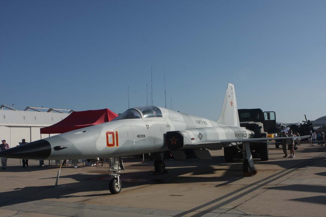 The F-5 tiger shark is displayed at the 4th Marine Aircraft Wing recruiting display during the 2012 Marine Corps Air Station Miramar Air Show, Oct. 13. 4th MAW has many squadrons all over the country tho support active duty training and operations.Â 