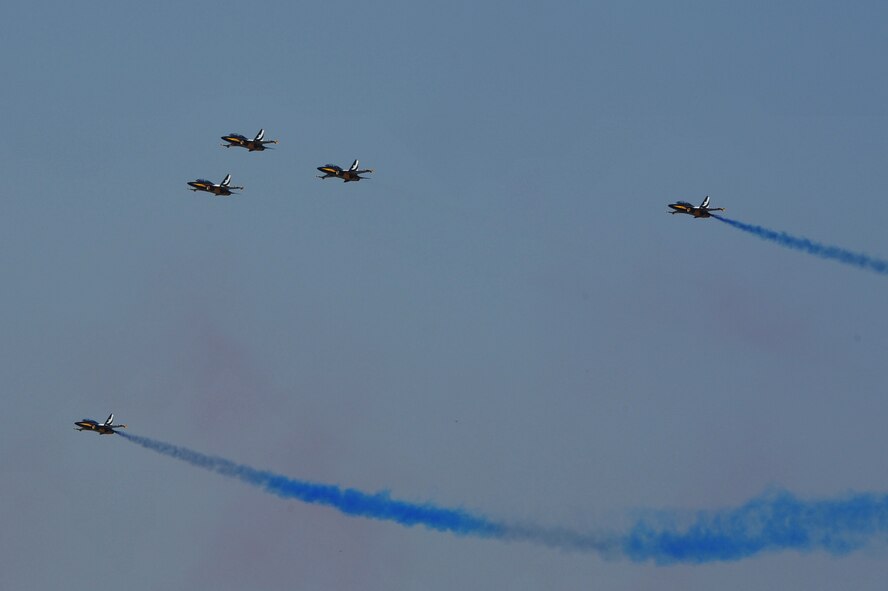The Republic of Korea Air Force's premiere demonstration team, the Black Eagles, perform aerial demonstrations for Air Power Day 2012 at Osan Air Base, Republic of Korea, Oct. 20, 2012. Air Power Day 2012 represents an annual opportunity for the United States to showcase its military personnel and unique equipment to a global audience.The airshow highlights the relationship between the 51st Fighter Wing and the Republic of Korea through public demonstrations of military equipment and personnel. (U.S. Air Force photo/Staff Sgt. Craig Cisek)